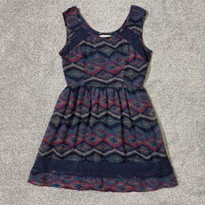 Band Of Gypsies Dress Womens Large Navy Aztec Print Lace Trim Boho Flirty